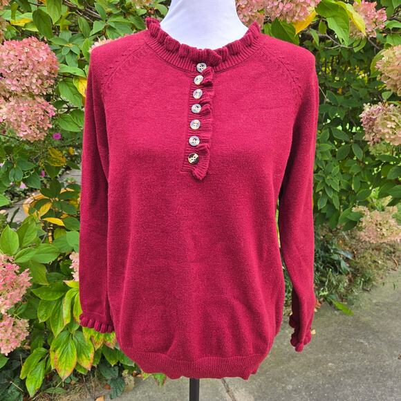 Demure BTFBM Cranberry Holiday Henley High Neck Pullover Sweater Ruffles Buttons - Picture 1 of 16